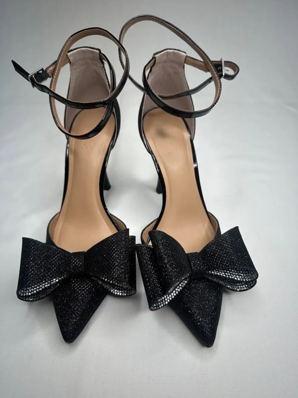 INC International Concepts Black Pointed Toe Bow Ankle-Strap Heels